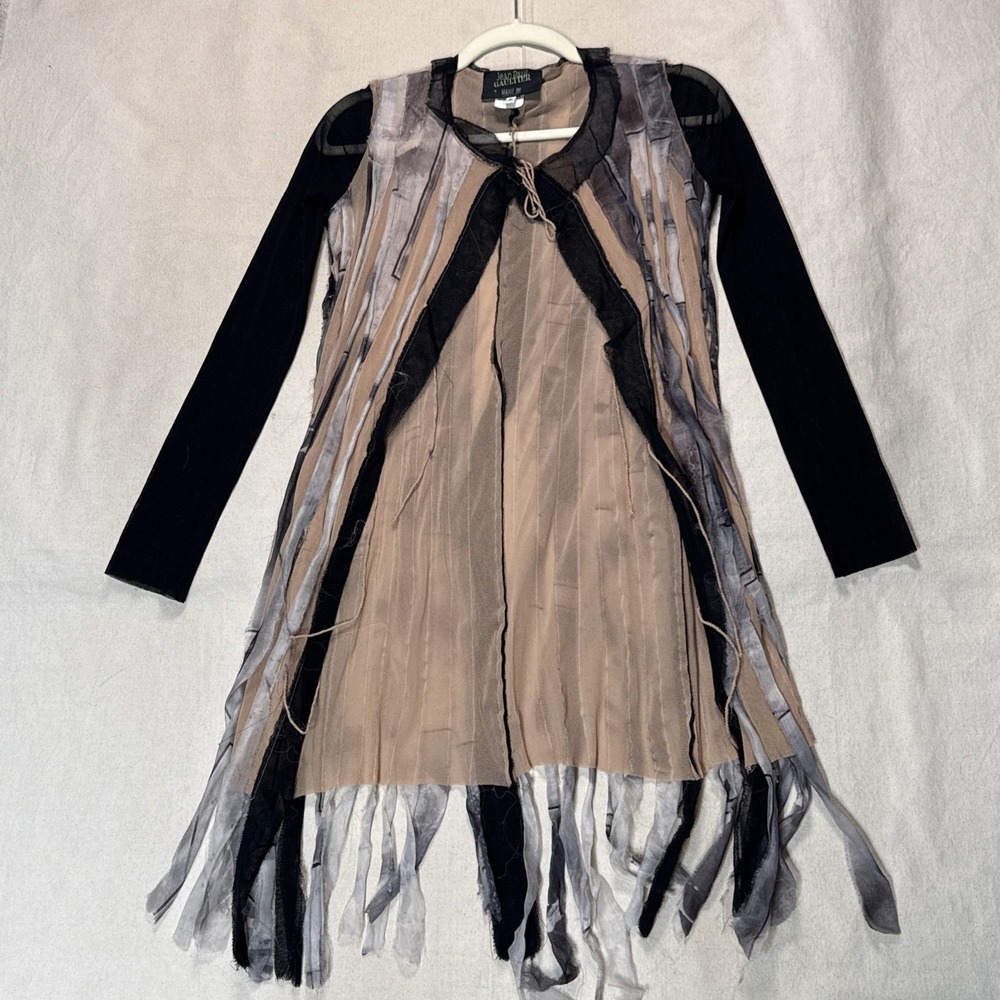 Jean Paul Gaultier Black, Beige & Gray Layered Fringe Long Sleeve Top